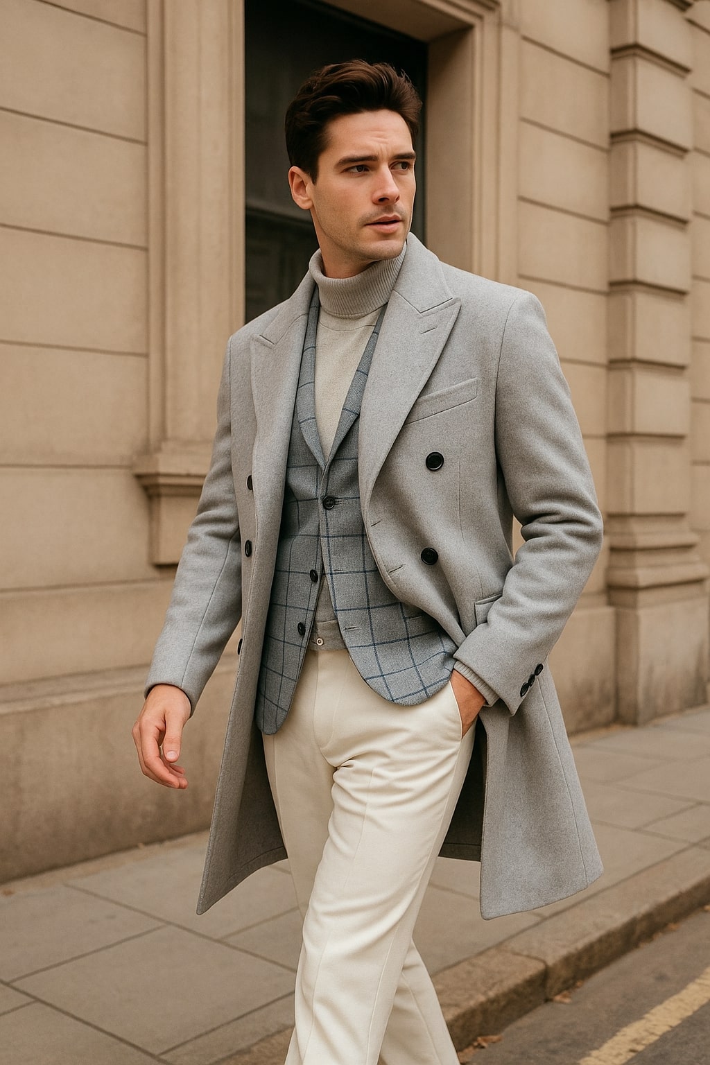 Men's Light Gray Double-Breasted Overcoat with Windowpane Vest – 3-Piece Wool Fabric By Alberto Nardoni