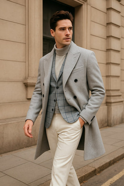 Men's Light Gray Double-Breasted Overcoat with Windowpane Vest – 3-Piece Wool Fabric By Alberto Nardoni
