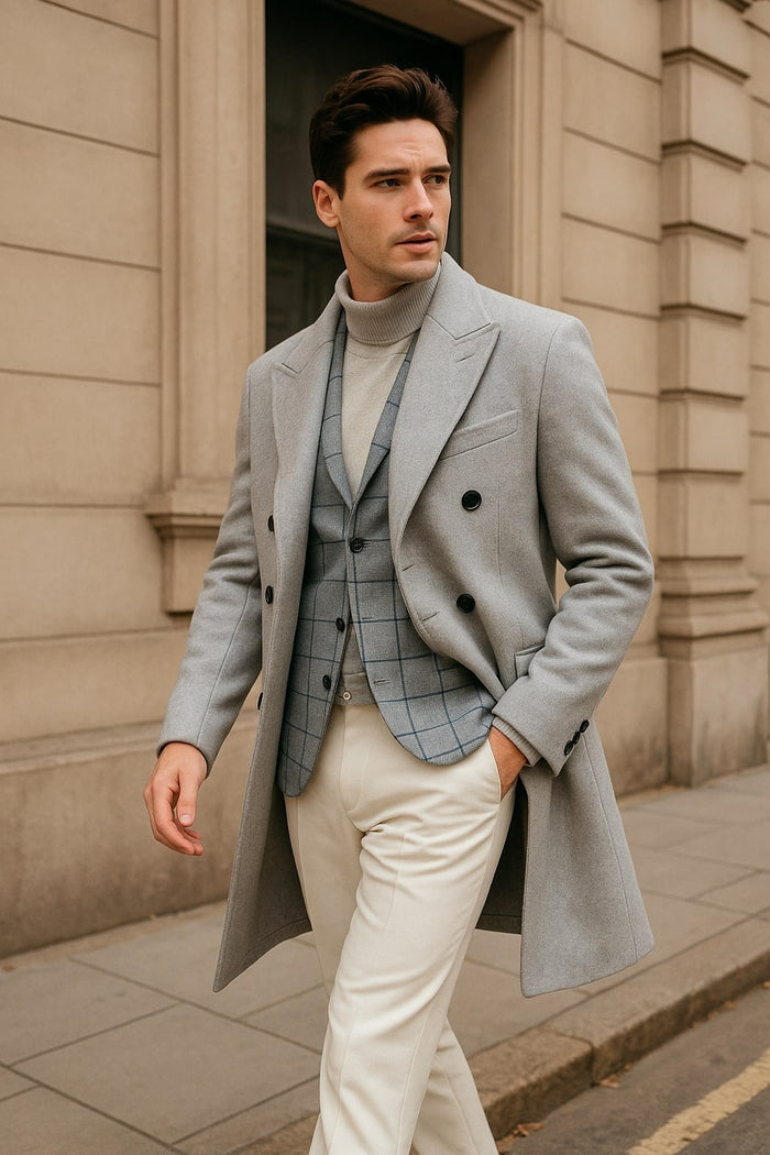 Men's Light Gray Double-Breasted Overcoat with Windowpane Vest – 3-Piece Wool Fabric By Alberto Nardoni