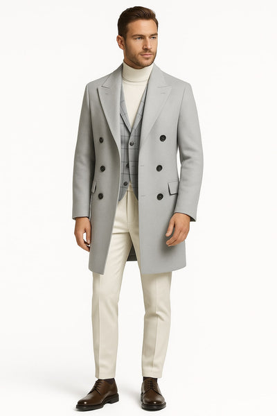 Men's Light Gray Double-Breasted Overcoat with Windowpane Vest – 3-Piece Wool Fabric By Alberto Nardoni 2   - from alligatorwarehouse.com