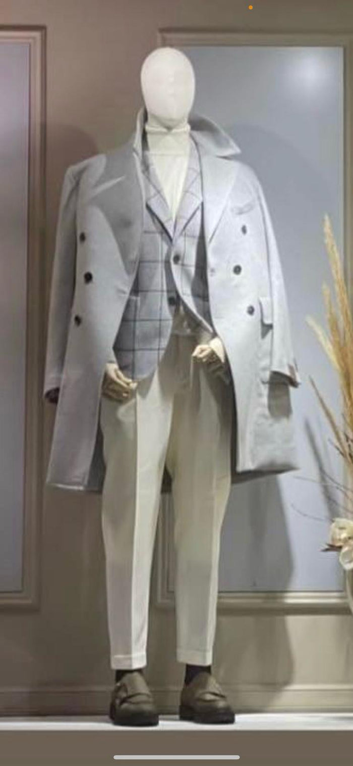 Men's Light Gray Double-Breasted Overcoat with Windowpane Vest – 3-Piece Wool Fabric By Alberto Nardoni