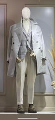 Men's Light Gray Double-Breasted Overcoat with Windowpane Vest – 3-Piece Wool Fabric By Alberto Nardoni