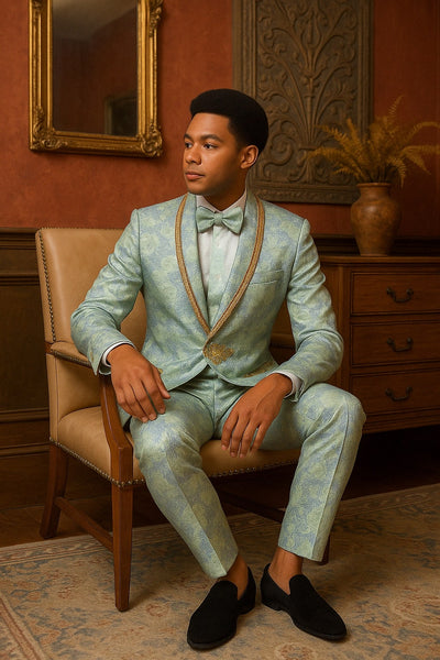 Men's Mint Green - Sage and Gold Trim Collar Floral Brocade Blazer with Gold Embellishments Prom Suit 1   - from alligatorwarehouse.com