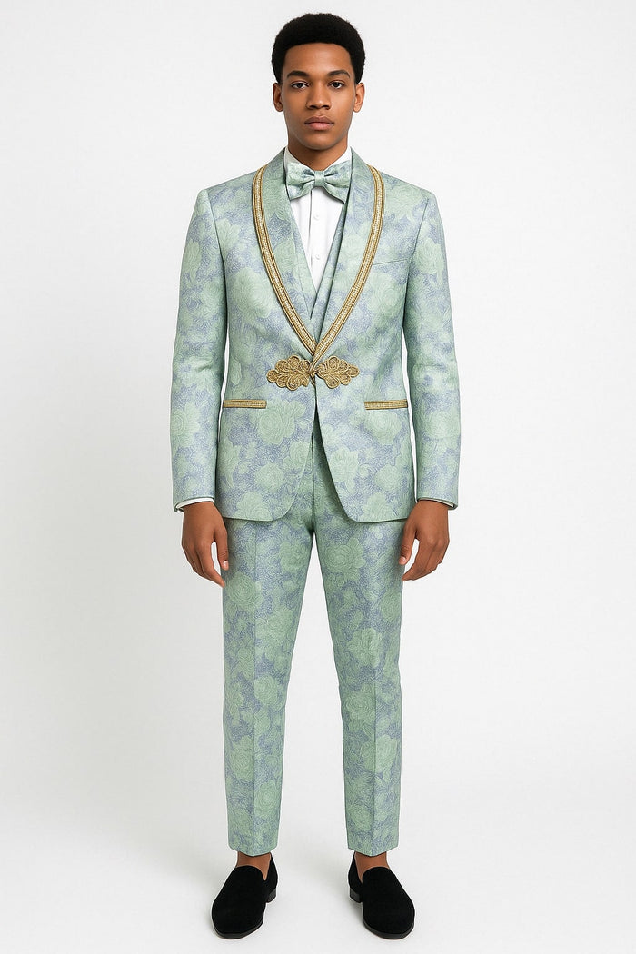 Men's Mint Green - Sage and Gold Trim Collar Floral Brocade Blazer with Gold Embellishments Prom Suit