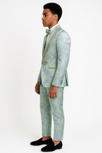 Men's Mint Green - Sage and Gold Trim Collar Floral Brocade Blazer with Gold Embellishments Prom Suit 3   - from alligatorwarehouse.com