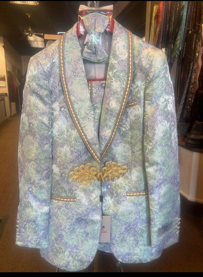 Men's Mint Green - Sage and Gold Trim Collar Floral Brocade Blazer with Gold Embellishments Prom Suit 4   - from alligatorwarehouse.com