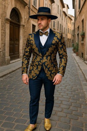 Men's Navy Blue and Gold Baroque Tuxedo Suit with Matching Vest and Bow Tie – Luxury Formalwear
