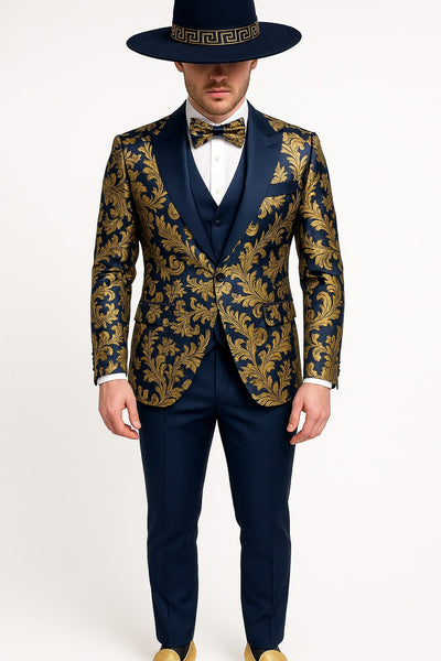 Men's Navy Blue and Gold Baroque Tuxedo Suit with Matching Vest and Bow Tie – Luxury Formalwear 2   - from alligatorwarehouse.com