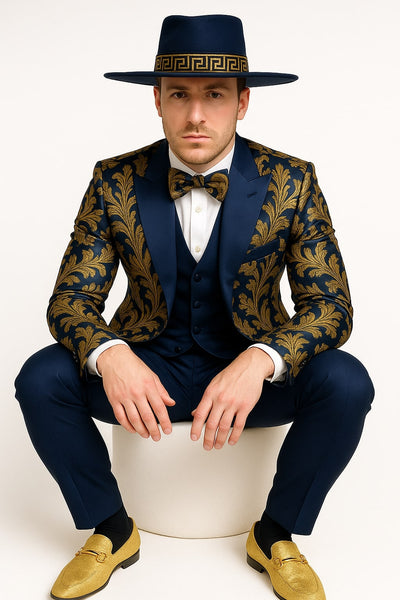 Men's Navy Blue and Gold Baroque Tuxedo Suit with Matching Vest and Bow Tie – Luxury Formalwear 3   - from alligatorwarehouse.com