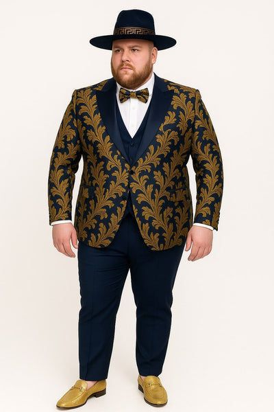 Men's Navy Blue and Gold Baroque Tuxedo Suit with Matching Vest and Bow Tie – Luxury Formalwear 5   - from alligatorwarehouse.com