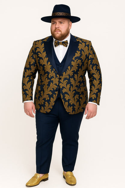 Men's Navy Blue and Gold Baroque Tuxedo Suit with Matching Vest and Bow Tie – Luxury Formalwear