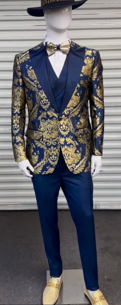 Men's Navy Blue and Gold Baroque Tuxedo Suit with Matching Vest and Bow Tie – Luxury Formalwear 6   - from alligatorwarehouse.com