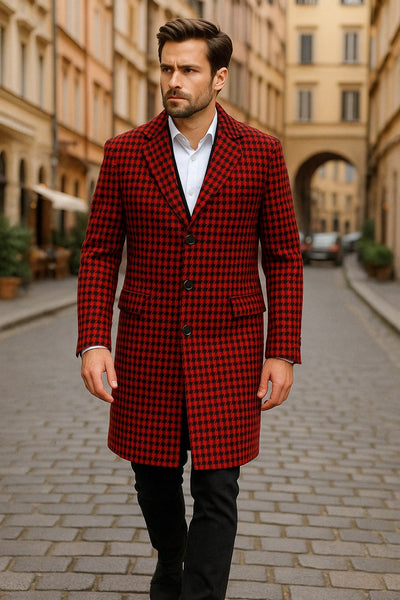 Men’s Red and Black Houndstooth Overcoat – Classic Wool Long Coat - Christmas Tartan Coat 1   - from alligatorwarehouse.com