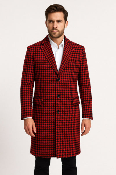 Men’s Red and Black Houndstooth Overcoat – Classic Wool Long Coat - Christmas Tartan Coat 2   - from alligatorwarehouse.com