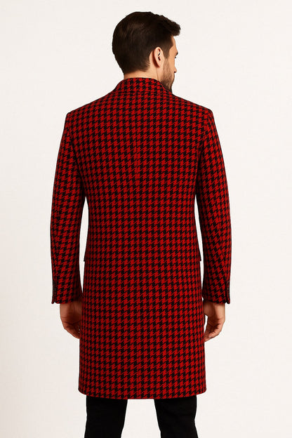 Men’s Red and Black Houndstooth Overcoat – Classic Wool Long Coat - Christmas Tartan Coat