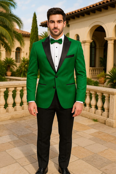 Men's Sateen Emerlad Green Tuxedo Jacket with Black Satin Lapel and Bow Tie – Slim Fit Prom and Party Blazer 1   - from alligatorwarehouse.com