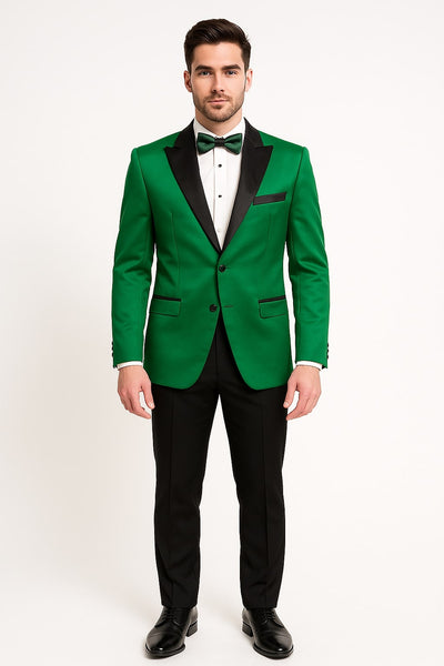 Men's Sateen Emerlad Green Tuxedo Jacket with Black Satin Lapel and Bow Tie – Slim Fit Prom and Party Blazer 2   - from alligatorwarehouse.com