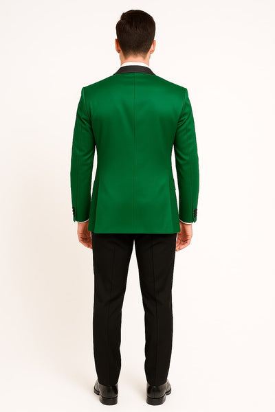 Men's Sateen Emerlad Green Tuxedo Jacket with Black Satin Lapel and Bow Tie – Slim Fit Prom and Party Blazer 3   - from alligatorwarehouse.com