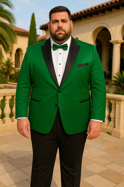 Men's Sateen Emerlad Green Tuxedo Jacket with Black Satin Lapel and Bow Tie – Slim Fit Prom and Party Blazer 4   - from alligatorwarehouse.com