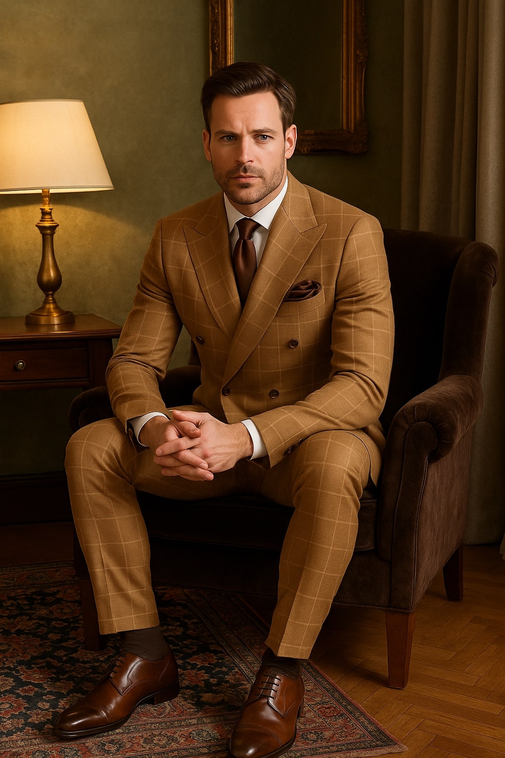 Men's Tan Plaid Double-Breasted Suit ƒ?? Classic Windowpane Two-Piece Formal Suit - Camel Color Suit By Rossiman