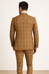 Tan Windowpane Plaid Suit – Rossiman Double-Breasted Men’s Two-Piece in Camel
