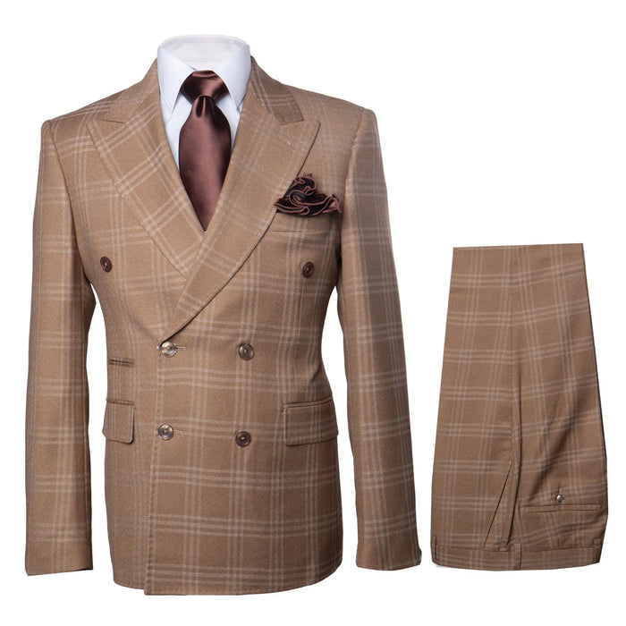 Men's Tan Plaid Double-Breasted Suit ƒ?? Classic Windowpane Two-Piece Formal Suit - Camel Color Suit By Rossiman