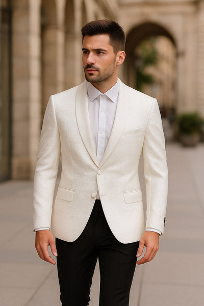 Men’s White Tuxedo Dinner Jacket  Swirl Pattern Tuxedo Jacket with White Satin Shawl Lapel - Paisley Pattern 1   - from alligatorwarehouse.com