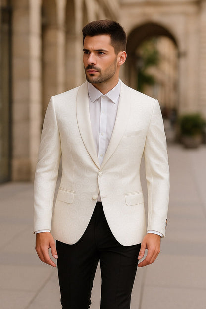 Men’s White Tuxedo Dinner Jacket  Swirl Pattern Tuxedo Jacket with White Satin Shawl Lapel - Paisley Pattern