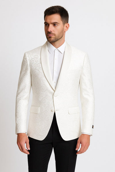 Men’s White Tuxedo Dinner Jacket  Swirl Pattern Tuxedo Jacket with White Satin Shawl Lapel - Paisley Pattern 2   - from alligatorwarehouse.com
