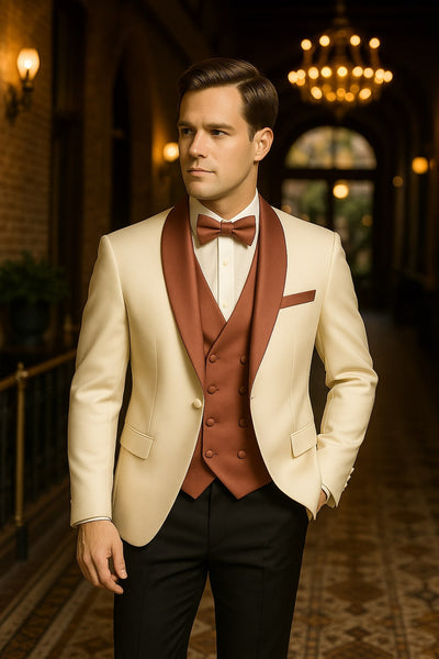 Men's White and Rose Gold Tuxedo with Mauve Satin Vest and Bow Tie – Elegant Formalwear for Weddings and Events 1   - from alligatorwarehouse.com