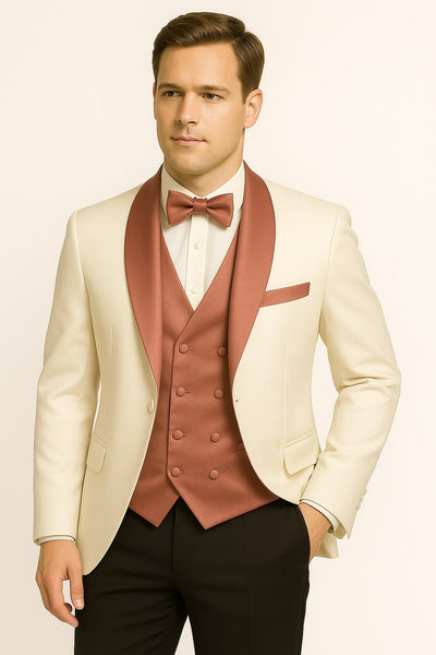 Men's White and Rose Gold Tuxedo with Mauve Satin Vest and Bow Tie – Elegant Formalwear for Weddings and Events 2   - from alligatorwarehouse.com