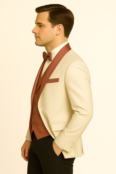 Men's White and Rose Gold Tuxedo with Mauve Satin Vest and Bow Tie – Elegant Formalwear for Weddings and Events 4   - from alligatorwarehouse.com