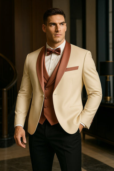 Men's White and Rose Gold Tuxedo with Mauve Satin Vest and Bow Tie – Elegant Formalwear for Weddings and Events 5   - from alligatorwarehouse.com