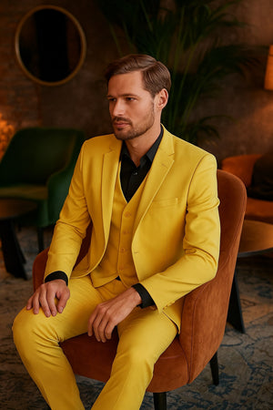 Men's Yellow 3-Piece Suit with Black Dress Shirt – Modern Slim Fit Formal Attire