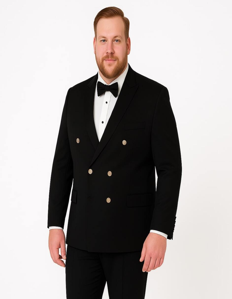 Menƒ??s Black Double-Breasted Tuxedo ƒ?? Classic Shawl Lapel Suit with Gold Buttons for Weddings, Galas, and Black Tie Events
