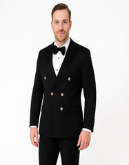 Menƒ??s Black Double-Breasted Tuxedo ƒ?? Classic Shawl Lapel Suit with Gold Buttons for Weddings, Galas, and Black Tie Events