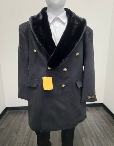 Men’s Black Double-Breasted Overcoat with Faux Fur Collar and Gold Buttons 4   - from alligatorwarehouse.com
