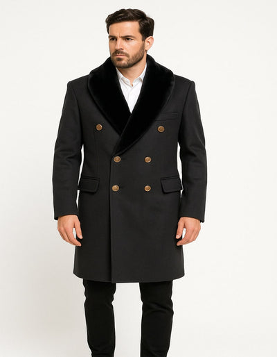 Men’s Black Double-Breasted Overcoat with Faux Fur Collar and Gold Buttons 3   - from alligatorwarehouse.com