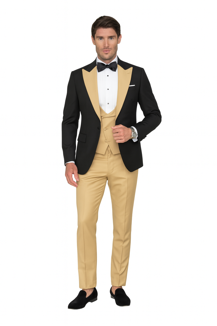 Men’s Black and Goldish Champaign Camel Bronze Tuxedo with Satin Shawl Lapel and Matching Vest with Bowtie