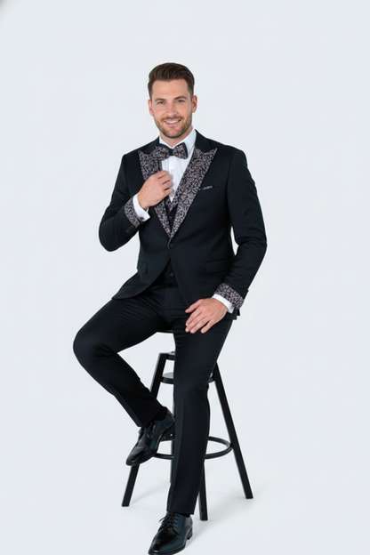 Men's Black and White Silver Embellished Tuxedo Suit + Bowtie 3-Piece Formal Wedding, Prom, and Gala Outfit