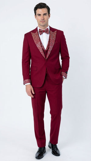 Men's Burgundy and White Embellished Tuxedo Suit – Slim Fit 3-Piece Formal Wedding, Prom, and Gala Outfit