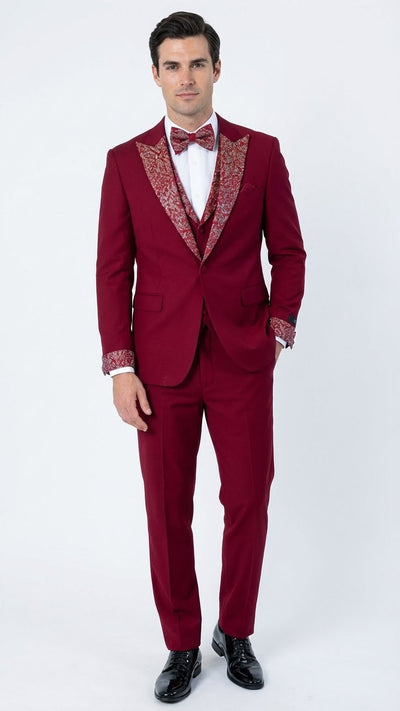 Men's Burgundy and White Embellished Tuxedo Suit – Slim Fit 3-Piece Formal Wedding, Prom, and Gala Outfit 1   - from alligatorwarehouse.com