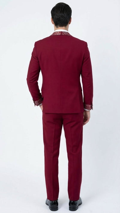 Men's Burgundy and White Embellished Tuxedo Suit – Slim Fit 3-Piece Formal Wedding, Prom, and Gala Outfit 4   - from alligatorwarehouse.com