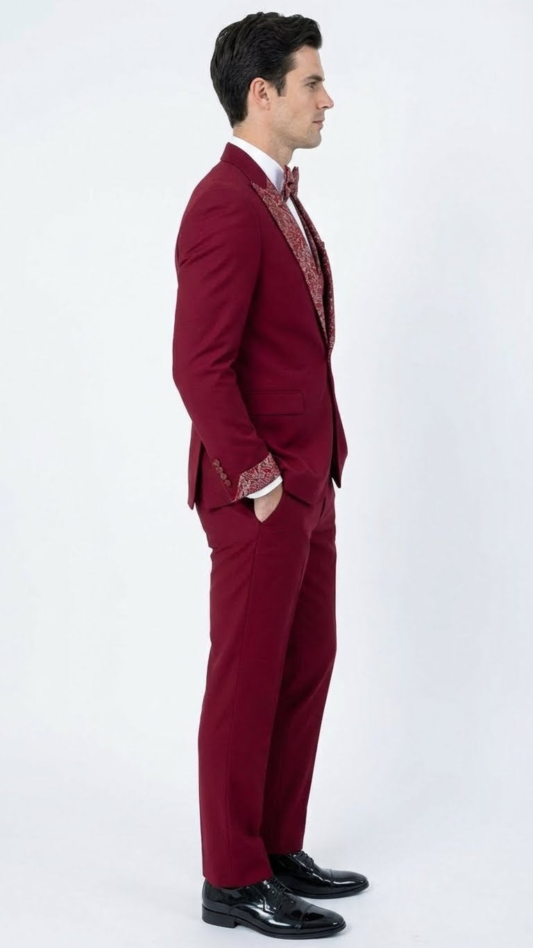 Men's Burgundy and White Embellished Tuxedo Suit – Slim Fit 3-Piece Formal Wedding, Prom, and Gala Outfit