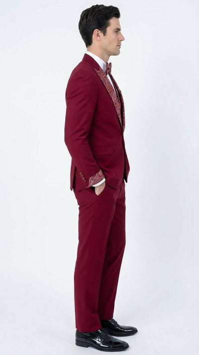 Men's Burgundy and White Embellished Tuxedo Suit – Slim Fit 3-Piece Formal Wedding, Prom, and Gala Outfit 5   - from alligatorwarehouse.com