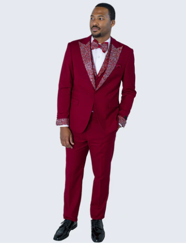 Men's Burgundy and White Embellished Tuxedo Suit – Slim Fit 3-Piece Formal Wedding, Prom, and Gala Outfit 7   - from alligatorwarehouse.com