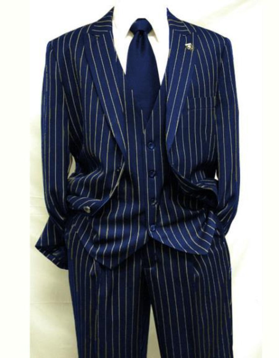 Men’s Gangster-Style Navy Pinstripe Suit – Mars Vested Suit with Peak Lapel