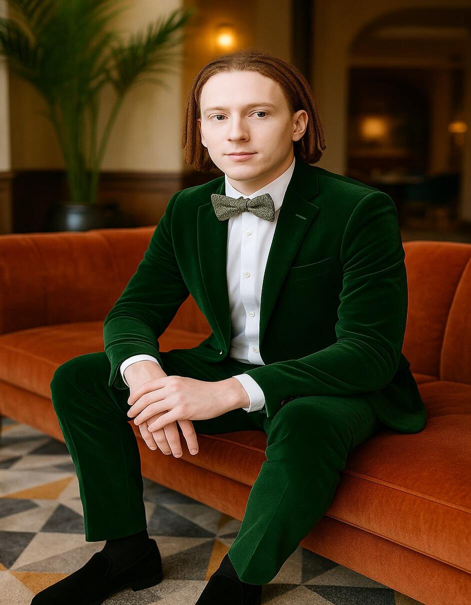 Menƒ??s Emerald Green Velvet Suit ƒ?? Slim Fit Tuxedo for Weddings, Prom, and Red Carpet Events