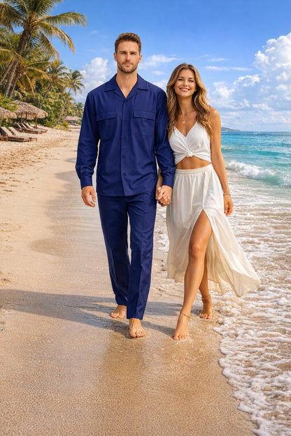 Mens Luxury Navy Blue Wool Two-Piece Leisure Walking Suit