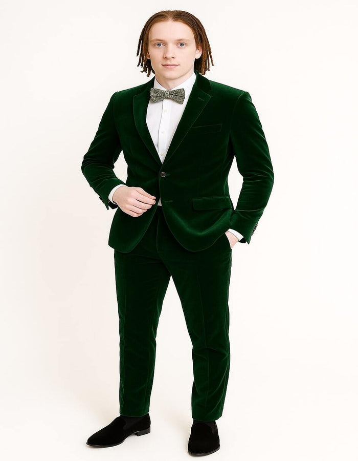 Menƒ??s Emerald Green Velvet Suit ƒ?? Slim Fit Tuxedo for Weddings, Prom, and Red Carpet Events